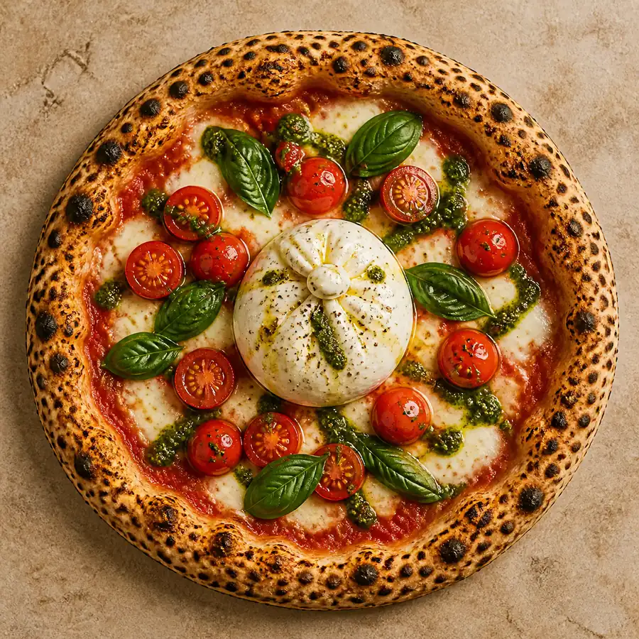 Burrata i pesto dokladane na goraca pizze.